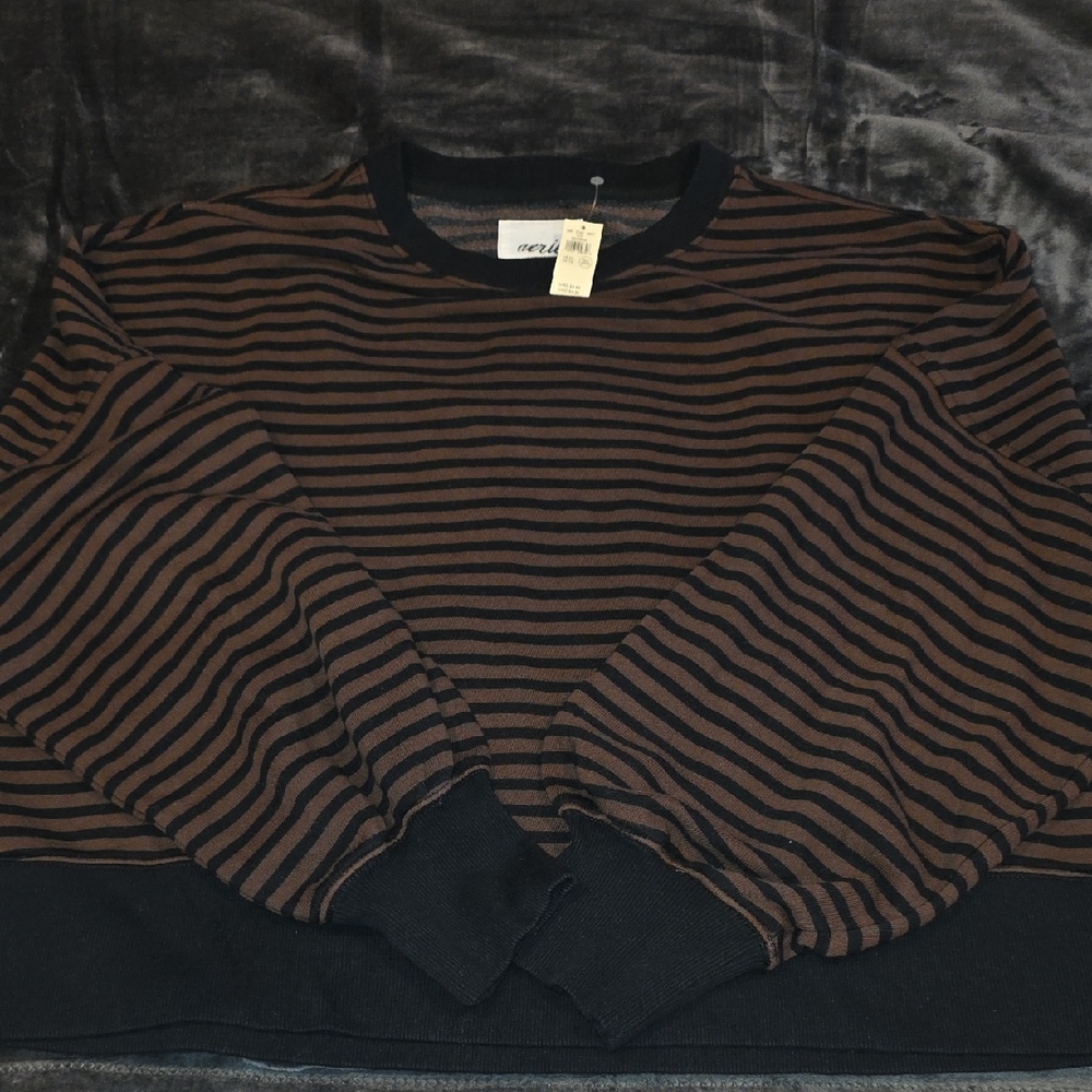 Aerie Black and Brown Striped Crewneck Sweater